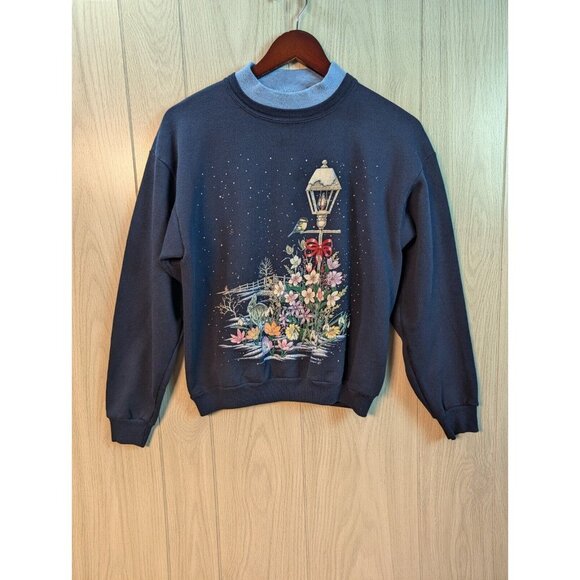 Morning Sun Tops - Morning Sun Flowers Snow Christmas Lamp  Bow Blue Crewneck Sweatshirt Size Small